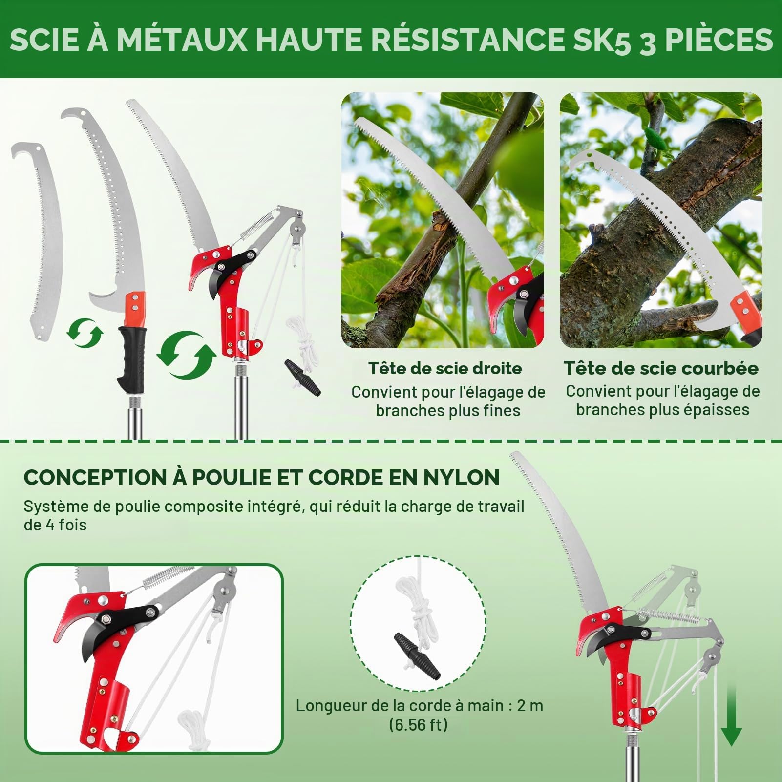 Coupe Branche Telescopique, 0.8m-4.26m Scie à élaguer Télescopique, Elagueuse sur Perche pour Tailler Les Paumes et Arbustes (10 Tiges d'épissure+3 Lames)
