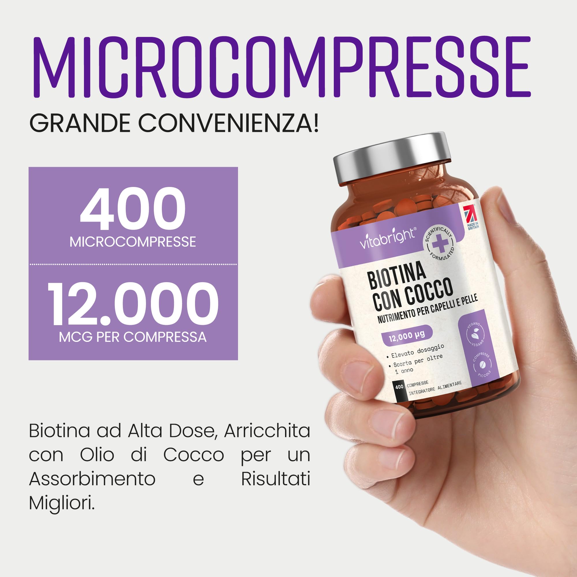 Biotina per Capelli, Pelle e Unghie | Alta Dose 12.000 µg Compresse | Fornitura per 1 Anno | Vitamina B7 Integratore per Crescita dei Capelli | Donna e Uomo | VitaBright