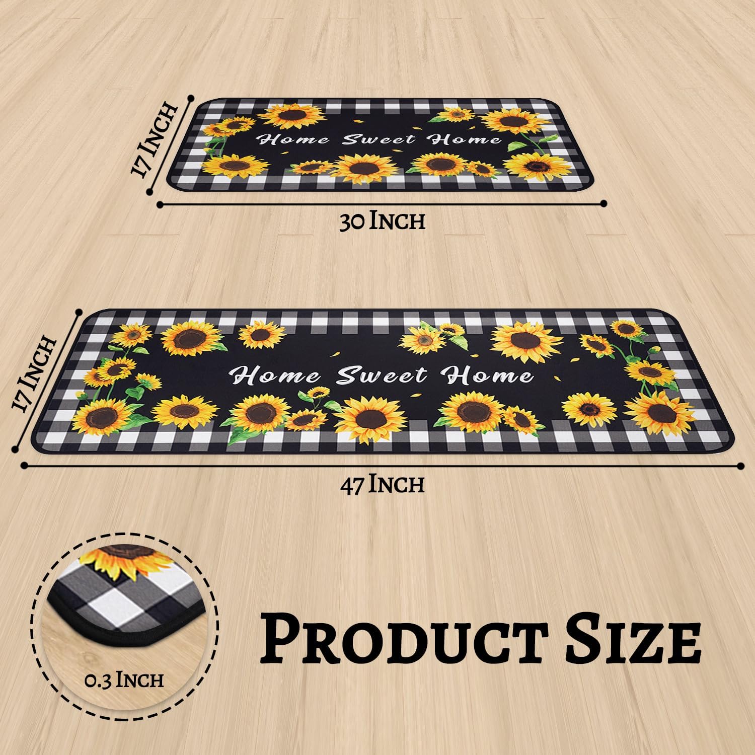 Sunflower Kitchen Rugs and Mats Set of 2, Farmhouse Sunflower Decor, Plaid Non-skid Washable Mats, 17"x 47" + 17"x 30"