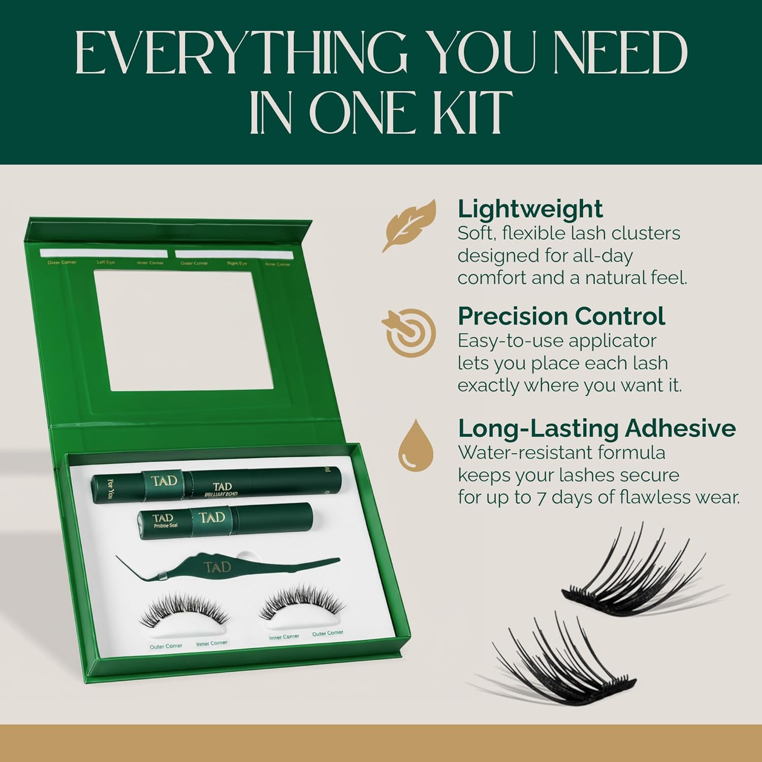 TAD Beauty - Wispy C Curl DIY Eyelash Extension Kit - 8-12mm Lash Clusters for Natural Look - Lightweight 3D Printed Lashes with Adhesive & Applicator - Long Lasting 5-7 Day Hold - Mini