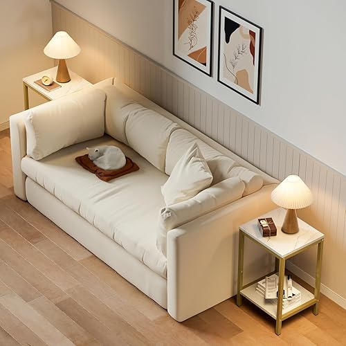 Miniatura 3 de SAYGOER Mesas auxiliares de mármol sintético blanco, mesa auxiliar pequeña con almacenamiento de madera, mesita de noche de madera con marcos de