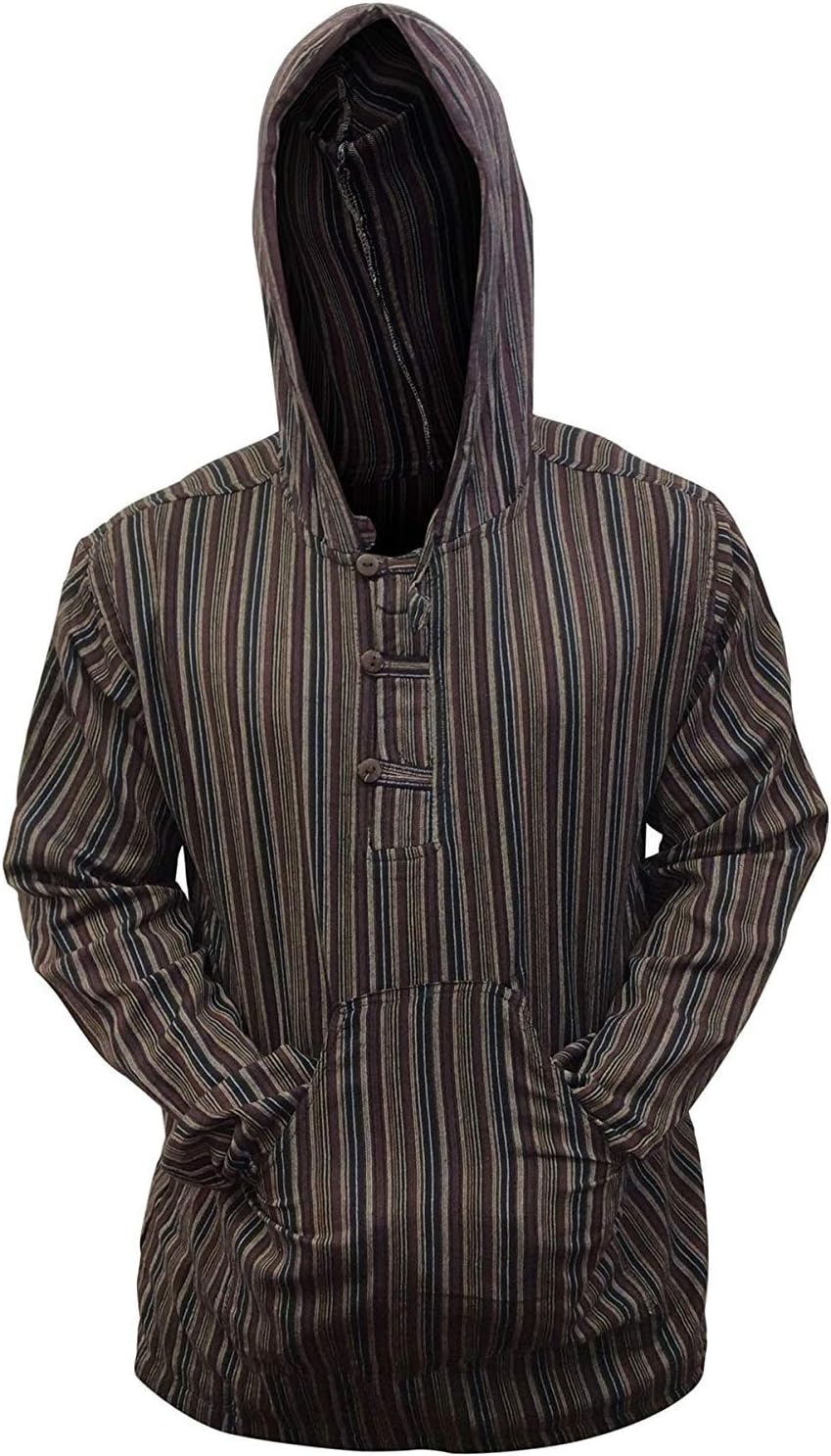 SHOPOHOLIC FASHION Mens Striped Hooded Grandad Shirt