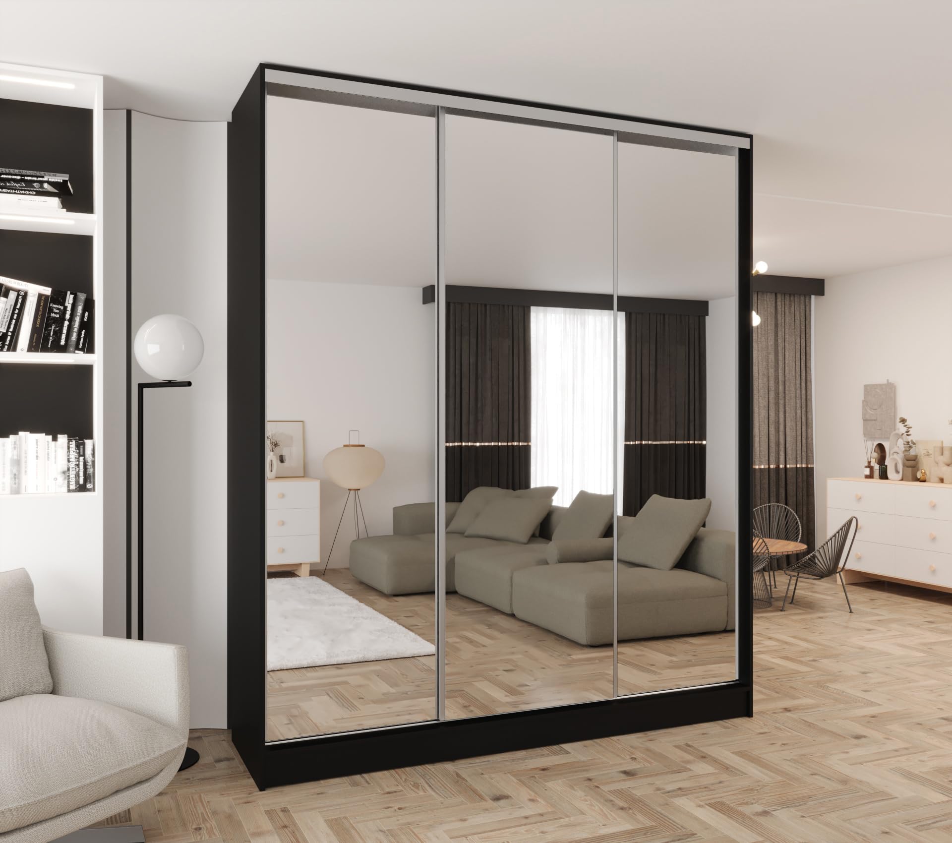Kleiderschrank mit Spiegel und Schiebetüren Schwarz 210x250 cm | 2 Kleiderstangen, 2 Schubladen, MDF Platte, Inklusive Montageset, Mit Einlegeböden, Viel Stauraum, Praktische Aufteilung