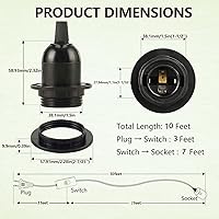 Vista 3 de Cable de luz colgante – Bombilla colgante de 10 pies con cable de enchufe – Paquete de 2 cables de lámpara E26 con cable de extensión negro, cable