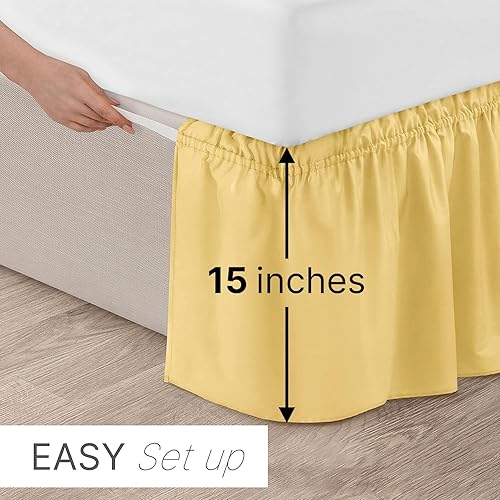Miniatura 2 de CGK Linens - Falda de cama envolvente con volantes, color amarillo, para camas de tamaño matrimonial con caída de 15 pulgadas, correa elástica de