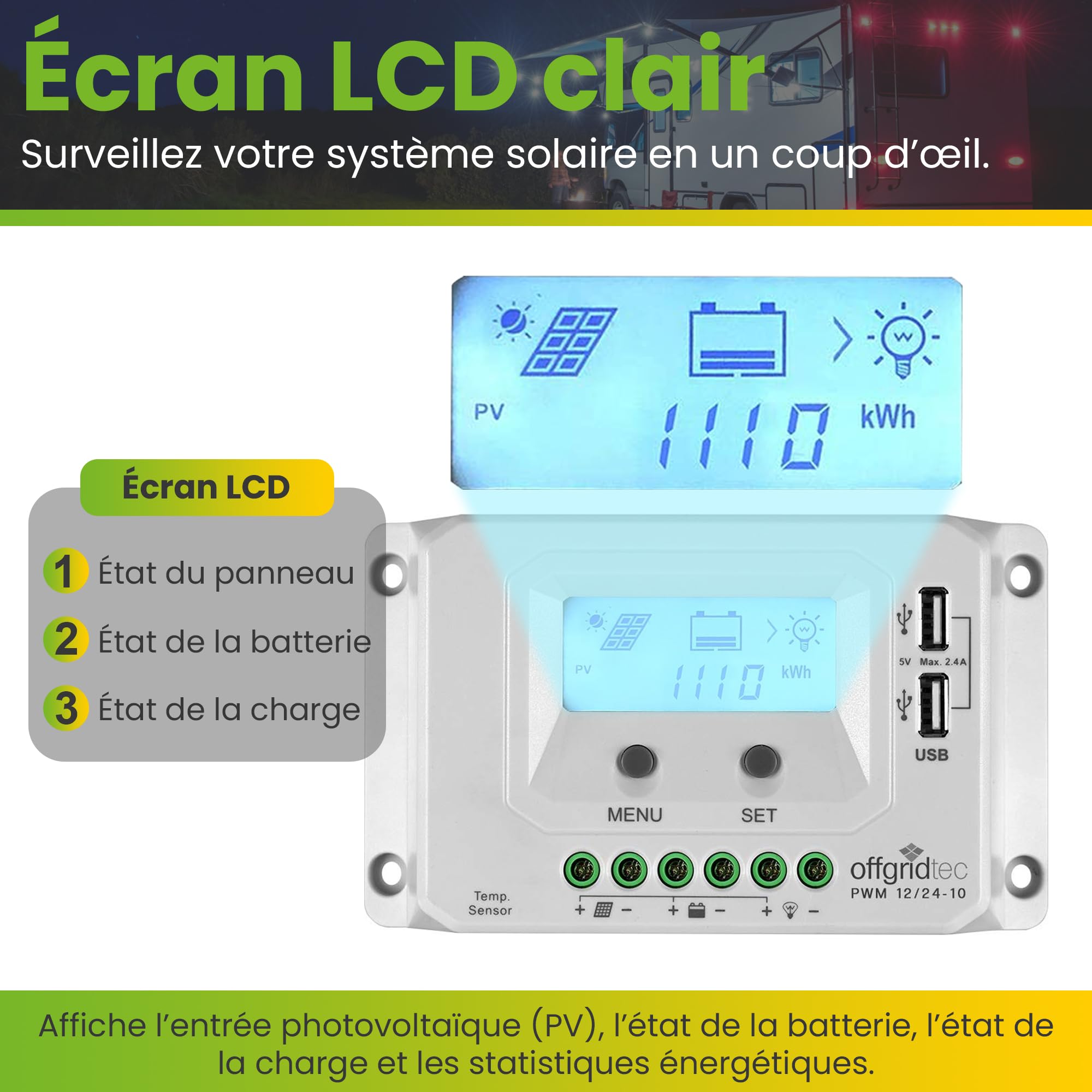 Régulateur de charge Offgridtec® PWM Pro 12 V/24 V 10 A USB