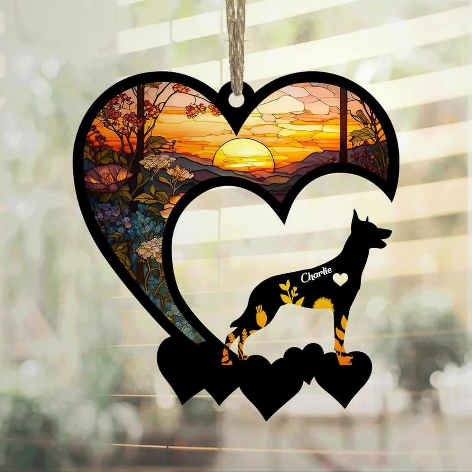 Luckluccy Belgian Malinois Memorial Heart Suncatcher Ornament,Personalized Pet Memorial Gift,Wood & Acrylic Material,Memorial Day Occasion