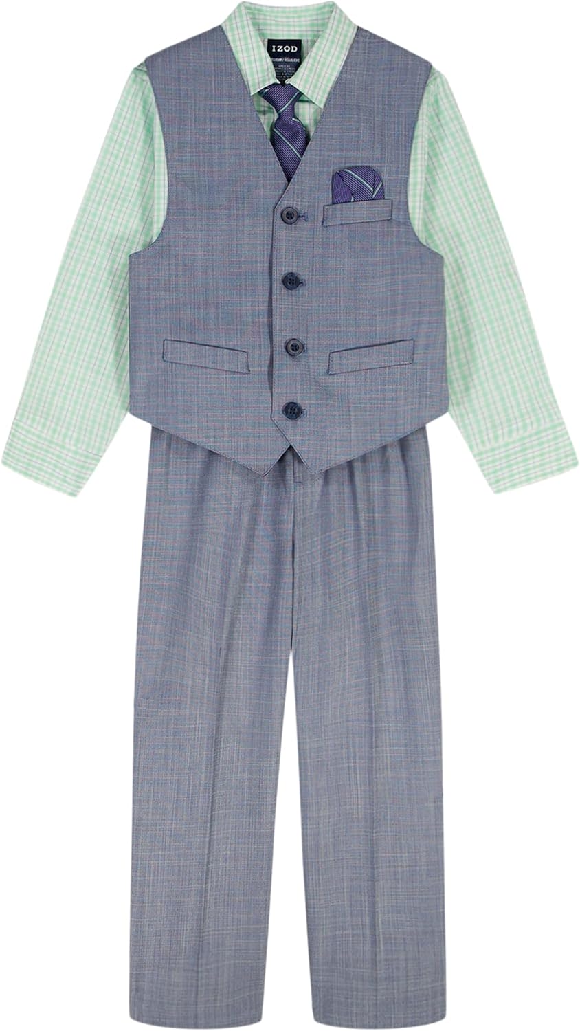 IZOD Boys' 4-piece Formal Dress Up Suit Set, Vest, Pants, Collared Shirt, and Tie