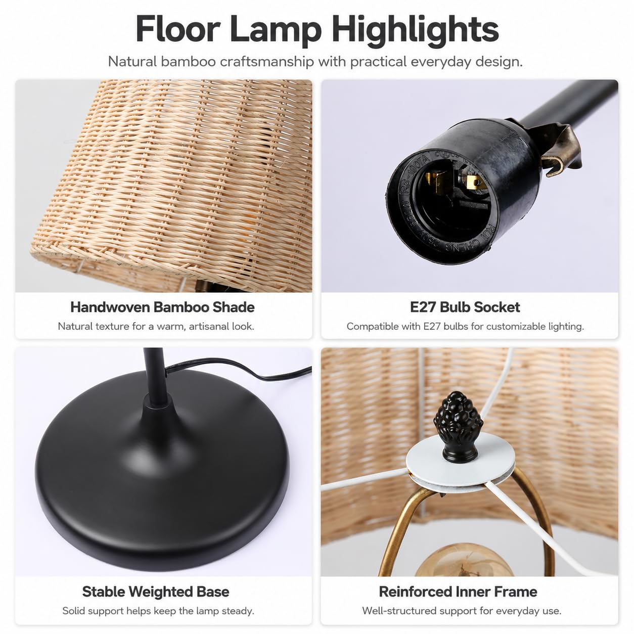Alpinaluz Lampa Podłogowa E27 Klosz Bambus Wiklina Czarna Podstawa 147 cm | Ręcznie pleciony klosz Ø28 cm i czarna metalowa podstawa, styl nordycki boho do salonu, sypialni, sofy i czytania