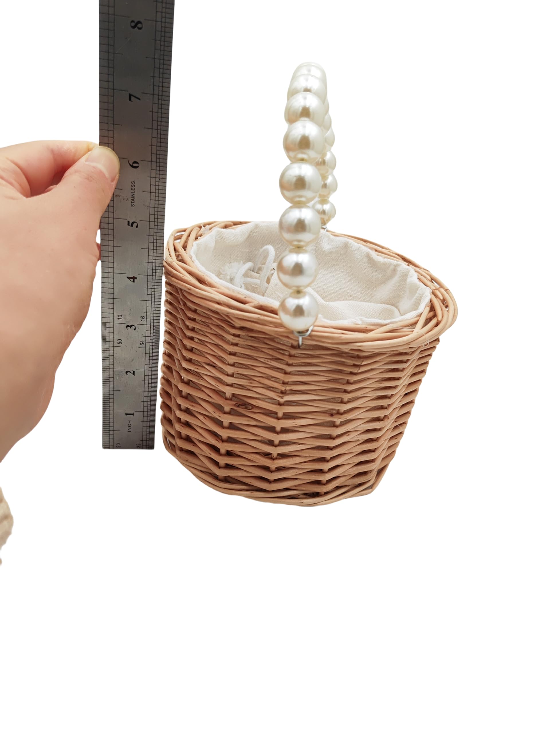 Rustikaler Rattan-Körbe für Hochzeit, Blumenmädchen, geflochtener Rattan-Aufbewahrungskorb mit Perlengriffen, gewebter Eier, Süßigkeitenkorb für Hochzeit, Zuhause, Garten, Dekoration (A)