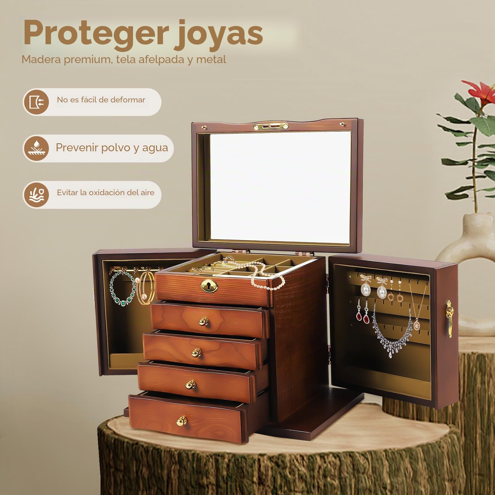 Joyero retro de 5 capas, joyero de madera marrón, organizador para mujeres con espejo y 4 cajones, gran capacidad