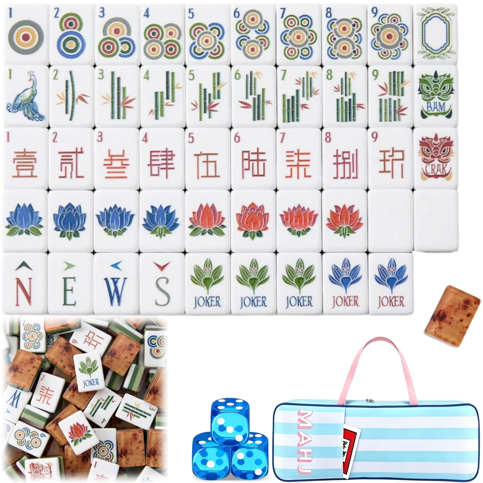 Premium 4 Layer Mahjong Tiles, 160 Acrylic American Mahjong Set with Blank Mahjong Tiles, Portable Travel Mahjong Set with Exquisite Carrying Bag for Game Nights & Social Gatherings (Warm Earth)