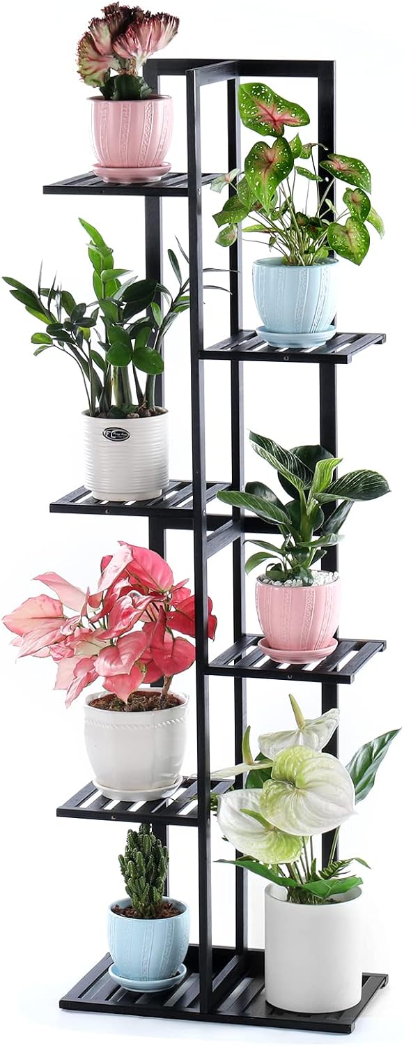 Gar-Life Bamboo Plant Stand for Indoor&Outdoor Plants 6 Tier 7 Potted Multiple Flower Pots Holder Shelf Rack Display stand for Patio Garden, Living Room, Corner Balcony and Bedroom (Black)
