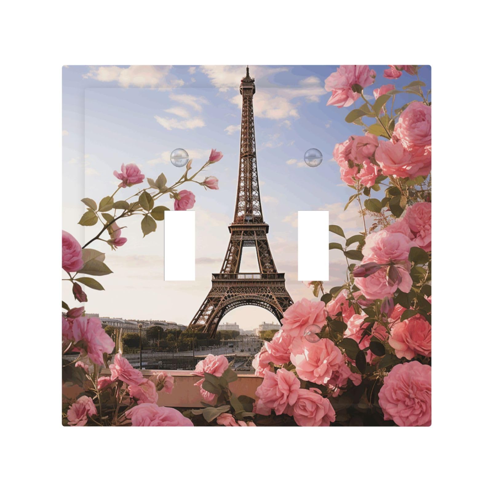2-Gang Decorator Wall Plate Eiffel Tower Spring Flowers Light Switch Cover Double Toggle Receptacle Wall Plate Mid Size 4.9" x 5" Wallplate Unbreakable Polycarbonate Outlet Faceplates Covers