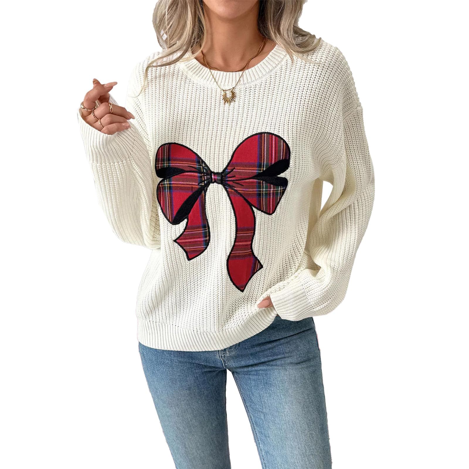 CHICWISH Women Christmas Tartan Bow Knit Sweater Crewneck Long Sleeve Casual Holiday Party Ribbed Pullover Tops Jumpers