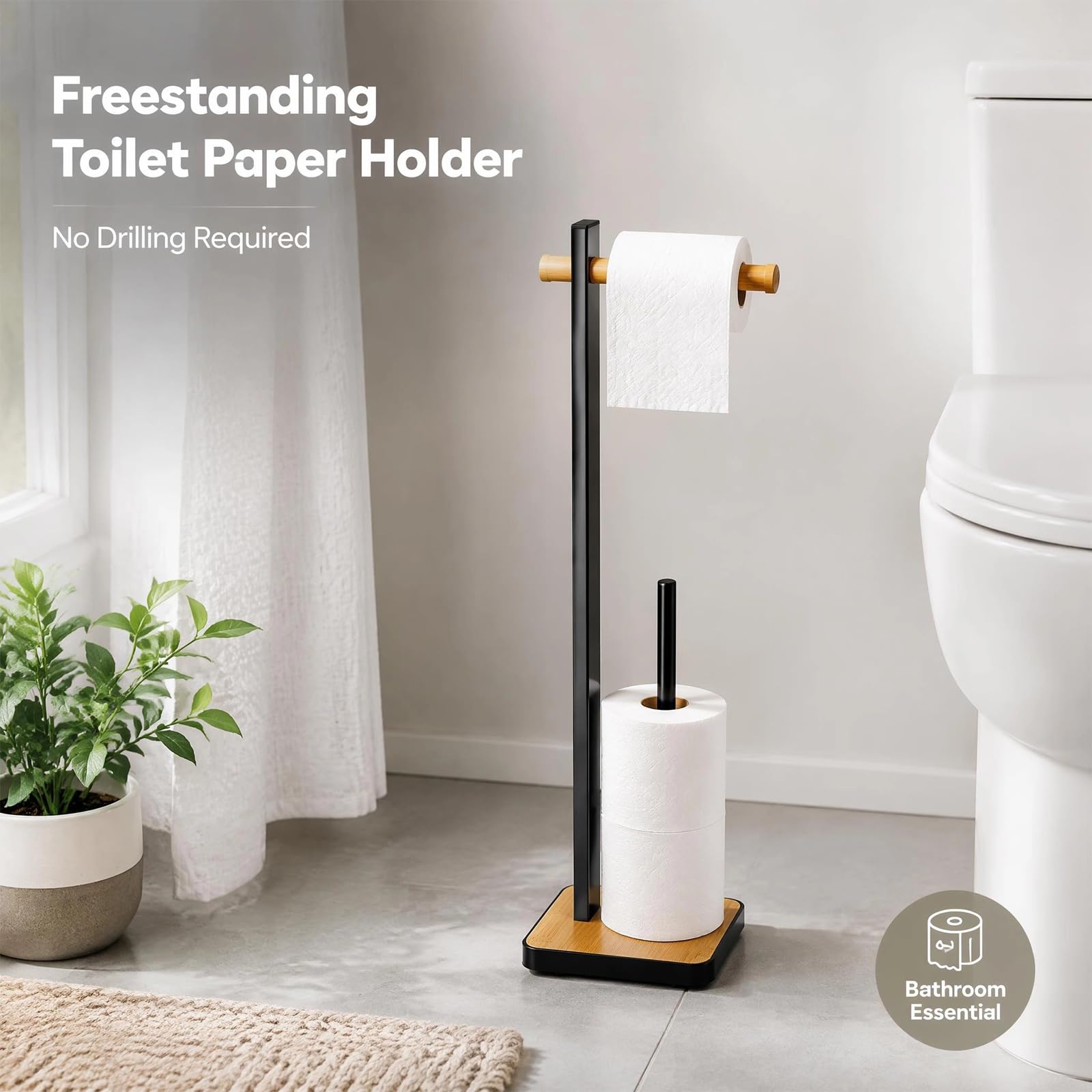Portarotolo da Terra | Portarotolo Nero Con Ripiano Superiore, Organizer Per Bagno in Stile Bambù