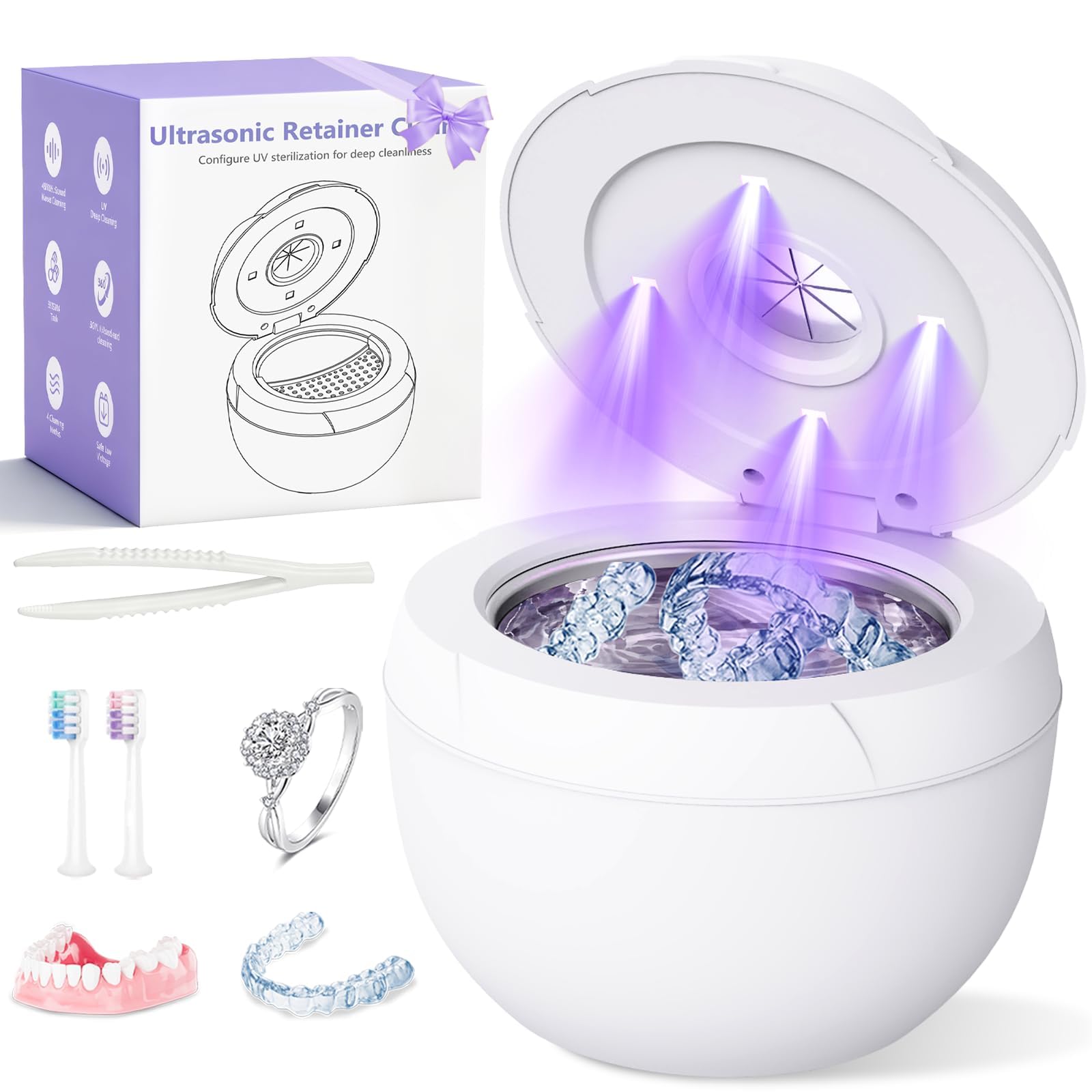 Máquina de limpieza ultrasónica de 45 kHz para limpiador de prótesis dentales 200 ml, protectores bucales, alineador, protector nocturno, cepillo de dientes, joyería, 4 modos de