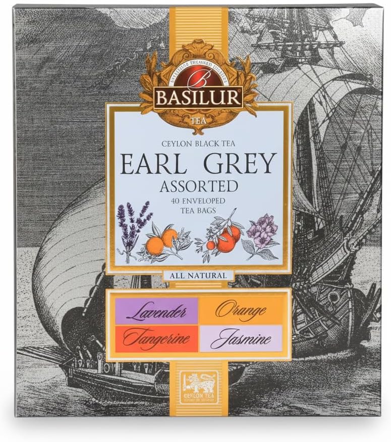 Basilur Earl Grey Assorted Black Tea Gift Set – 40 Foil Wrapped Tea Bags, 4 Flavour Collection Lavender Orange Tangerine Jasmine, Premium Ceylon Black Tea for Gifting & Daily Tea Rituals