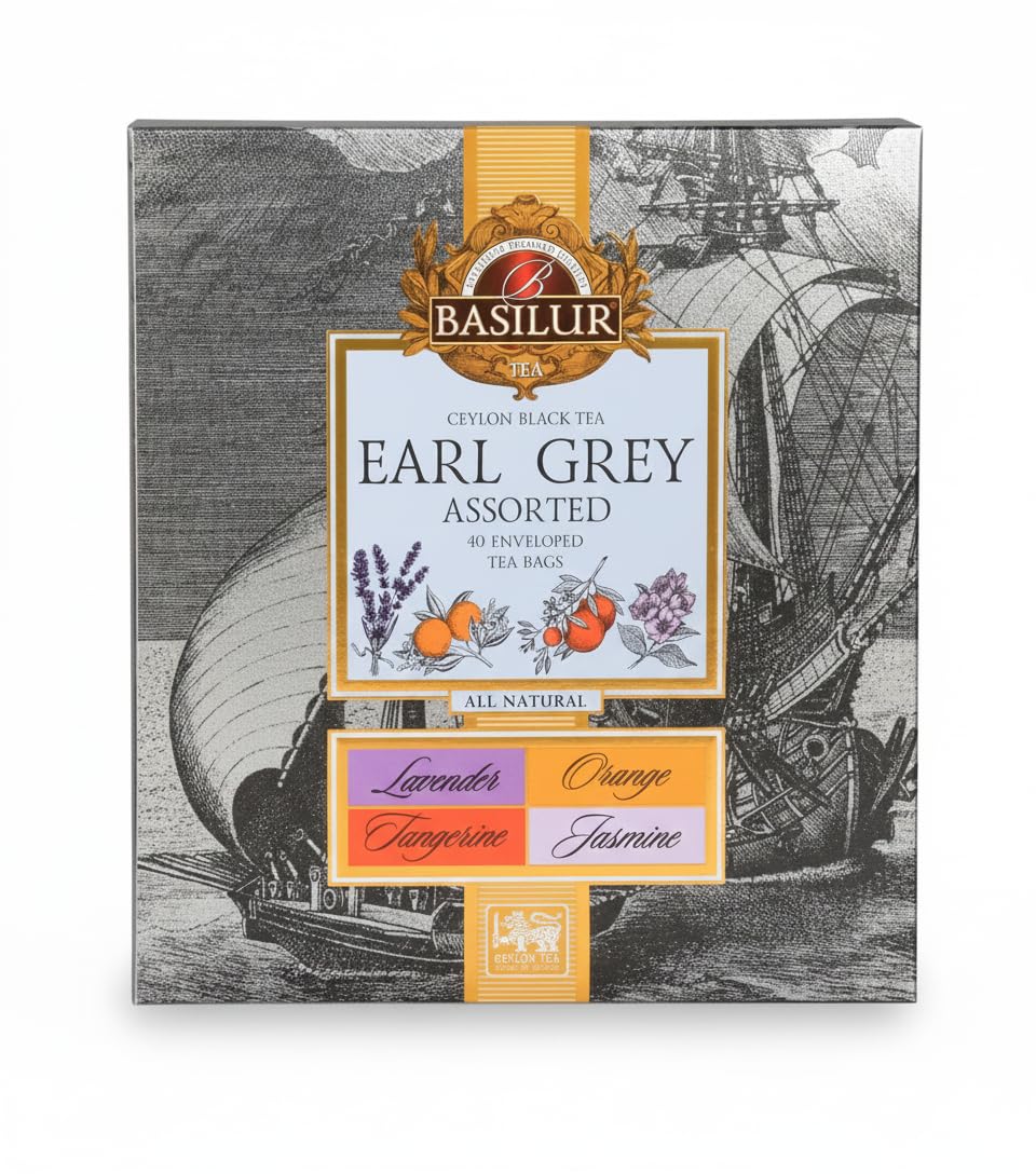 Earl Grey Assorted Black Tea Gift Set – 40 Foil Wrapped Tea Bags, 4 Flavour Collection Lavender Orange Tangerine Jasmine, Premium Ceylon Black Tea for Gifting & Daily Tea Rituals