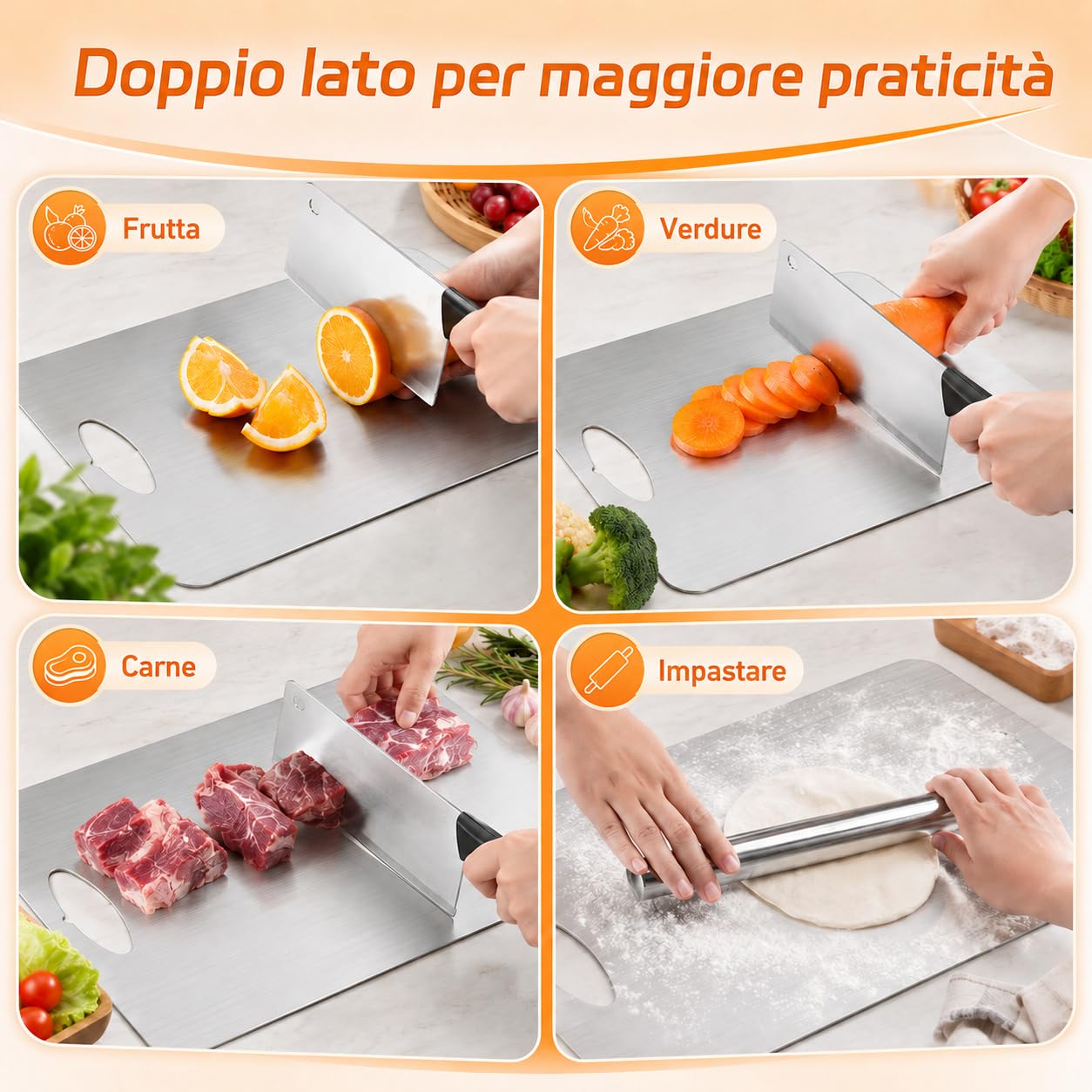 Set di 3 Tagliere in Titanio, S316 Tagliere Acciaio Inox, Doppio Lato per Alimenti, Cutting Board Facile da Pulire per Verduras, Fruttas e Carne