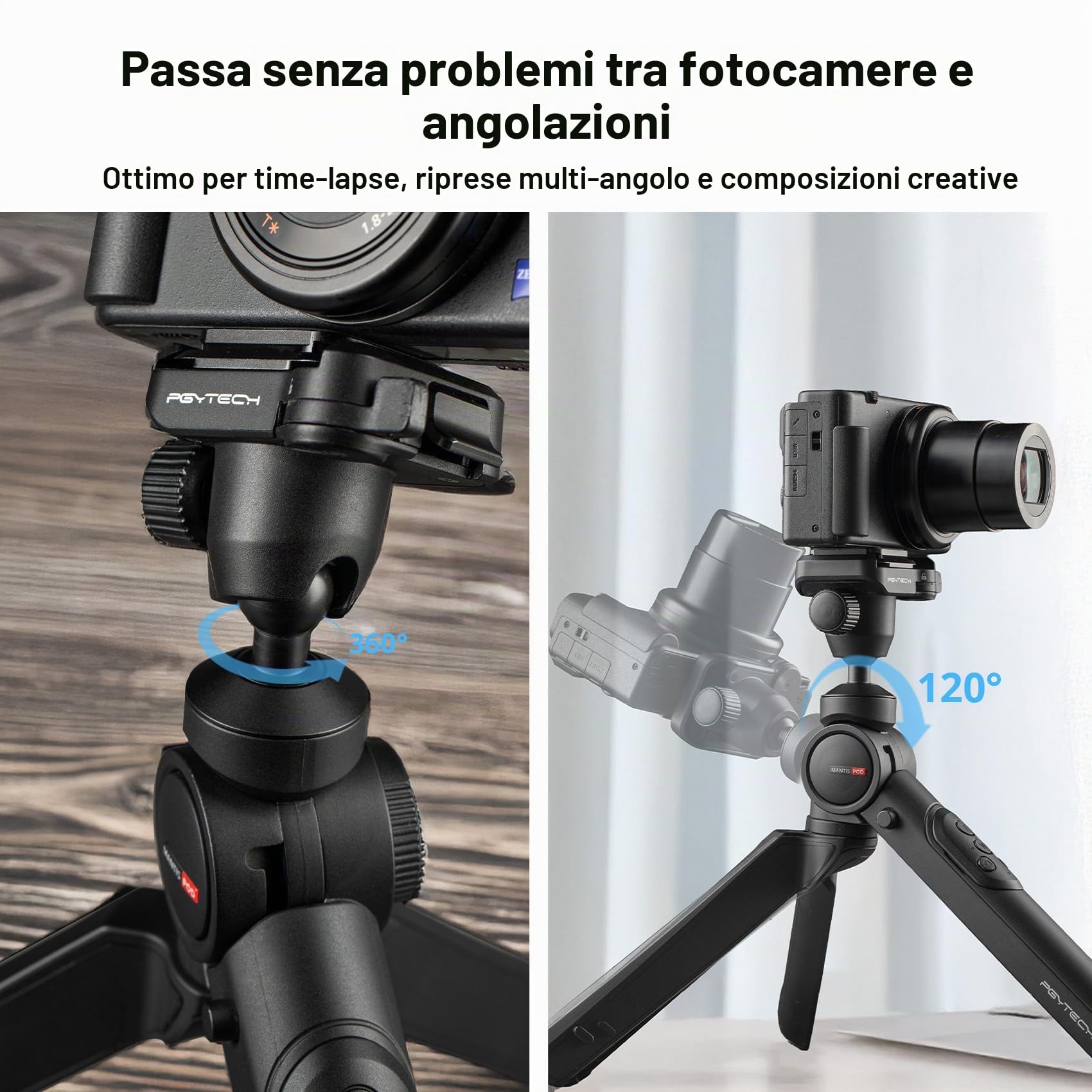 PGYTECH MantisPod 2.0 Treppiede Vlog, Supporto per Fotocamera Versatile 6-in-1 con Sistema di Sgancio Rapido e Attacco Cold Shoe, Mini Treppiede Portatile da Tavolo per Sony/Canon Compatta, Mirrorless