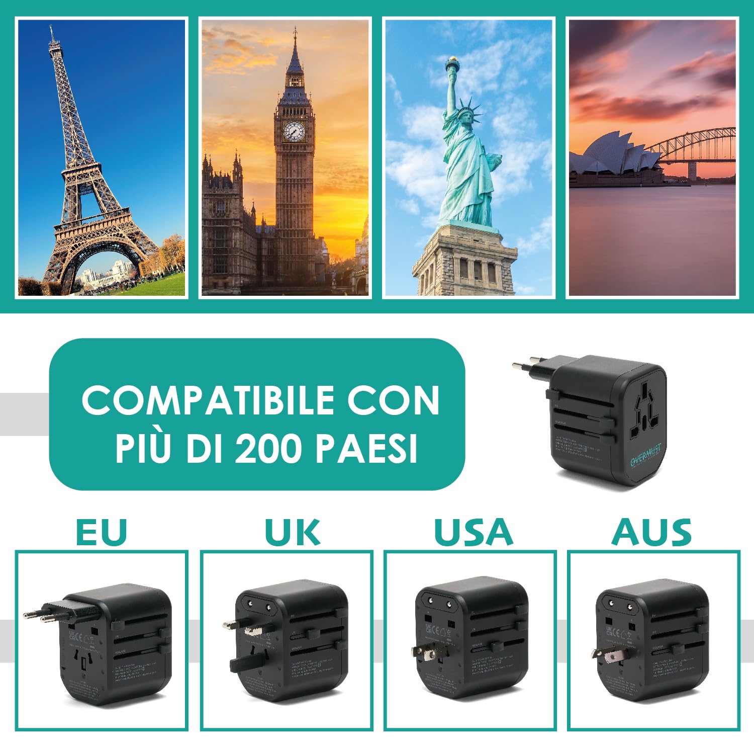 OVERMUST Adattatore Universale da Viaggio — immagine 5 di 10