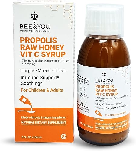 Extracto de propóleos de BEE and You, jarabe para la tos con vitamina C, miel calmante, apoyo inmunológico natural, alivio del dolor de garganta,