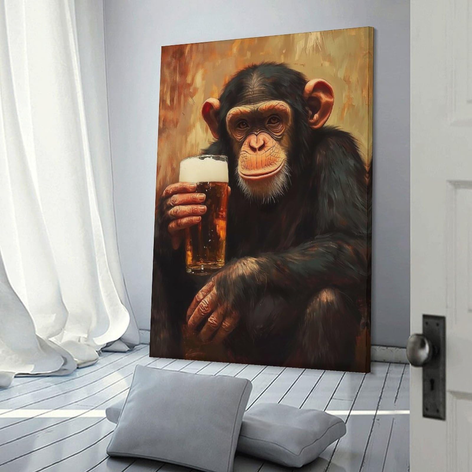 Junmoney Frame-Style-6 Hanging Wall Art Chimpanzee With Beer, 20X30inch(50X75cm), For Gallery Wall Layouts In Home Or Office, An Easy Match For Collected Prints