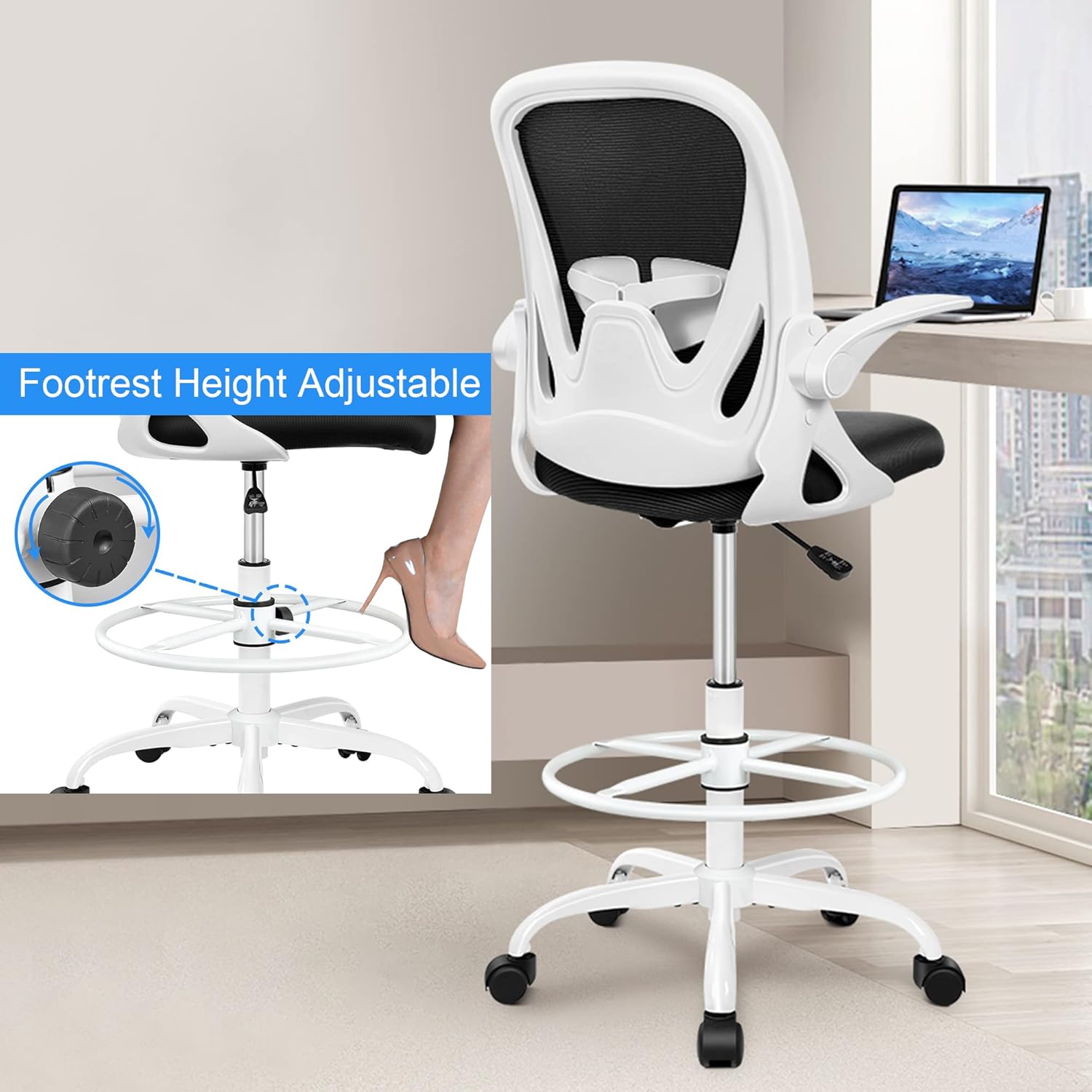 Primy Ergonomic Drafting Chair with Flip-up Armrests Tall Office Chair for Standing Desk Comfortable Desk Chair with Adjustable Footrest Ring and Lumbar Support in Gray Perfect for Home (White) - Image 4