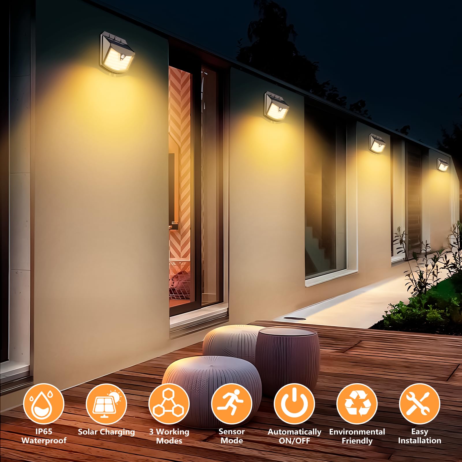 Luce Solare Led Esterno, 3 Modos IP65 Impermeabile Faretto LED da Esterno con Sensore di Movimento, Lampada Solare da Esterno per Giardino, Parete, Garage (6 Pezzi Bianco Caldo)