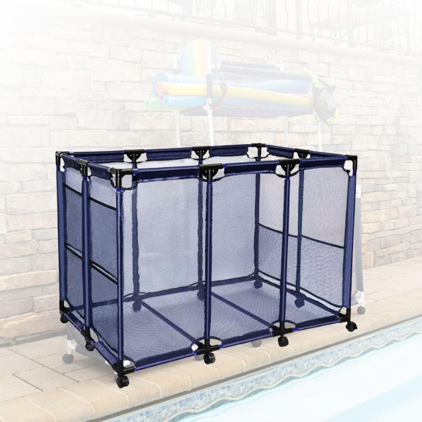 Carrello portaoggetti per salvagenti e gonfiabili da piscina, robusto contenitore da esterno con ruote e cestello in rete per asciugamani, indumenti e accessori