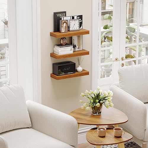 Miniatura 6 de BAMEOS Estantes flotantes de madera de roble americano de 16 x 6 pulgadas con soportes invisibles, juego de 3, estantes colgantes de pared para