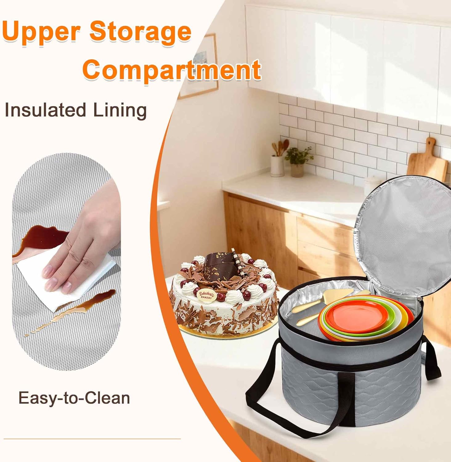 Trunab Round Casserole Carrier 12 inch, Insulated Pie Carrier Bag for Transport, Food Carrier for Cakes, Pies and Dishes, Double-layer Design, with Extra Pocket for Cutlery - Image 4