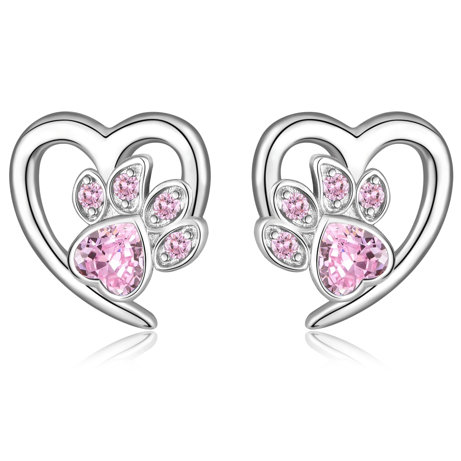 Silver Stud Earrings for Women - 925 Sterling Silver Cute Puppy Dog Cat Paw Print Stud Earrings | Lovely Crystal CZ Endless Love Heart Earring Studs Jewellery Gift for Pet Lovers Girls Kids, Gift Box