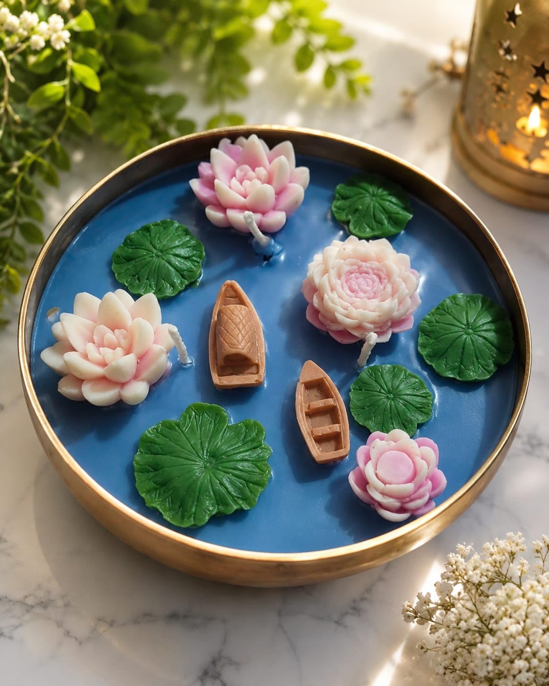 Lotus Pond Floating Candle Set with Lily Pads and Boats in Metal Hammer Urli 6inch-image-21