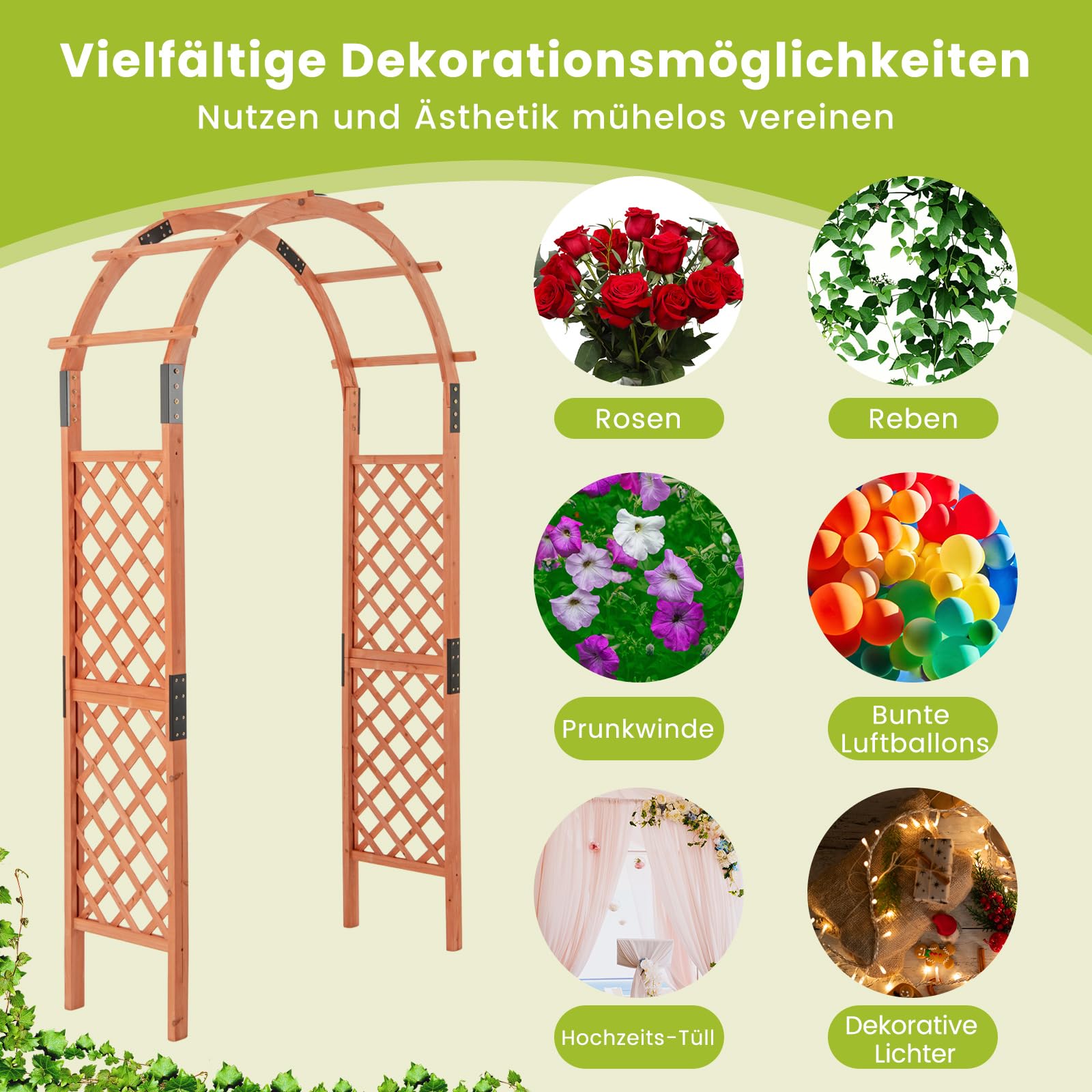COSTWAY Drewniany łuk do roślin pnących, łuk ogrodowy do roślin pnących, pergola, podpora dla roślin pnących, kratka dla roślin pnących, półłuk do ogrodu, na wesele, imprezę, drewno jodłowe, 132 x