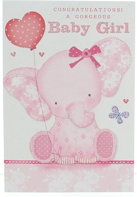 Greetings Birth of Baby Girl Card Pink Elephant with Balloon and Glitter 7.75x5.25