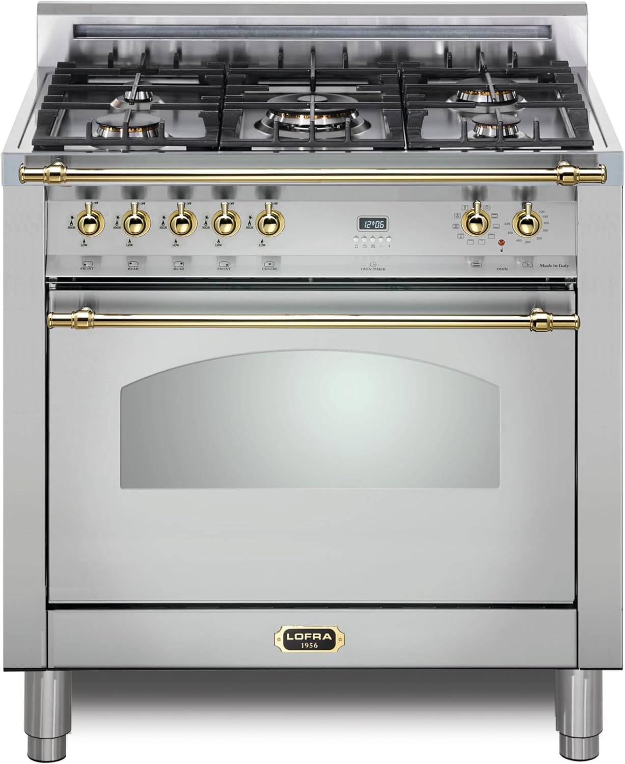DolceVita Series 30 Inch Freestanding Dual Fuel Range Oven Stove, Cooktop 5 Sealed Brass Burners, Convection, 9 Cooking Modes, Stainless Steel, Knobs and Handrail In Brass