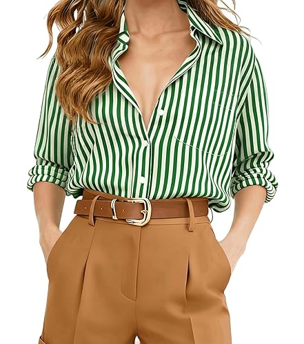 Button Down Shirts for Women Striped Long Sleeve Wrinkle Free