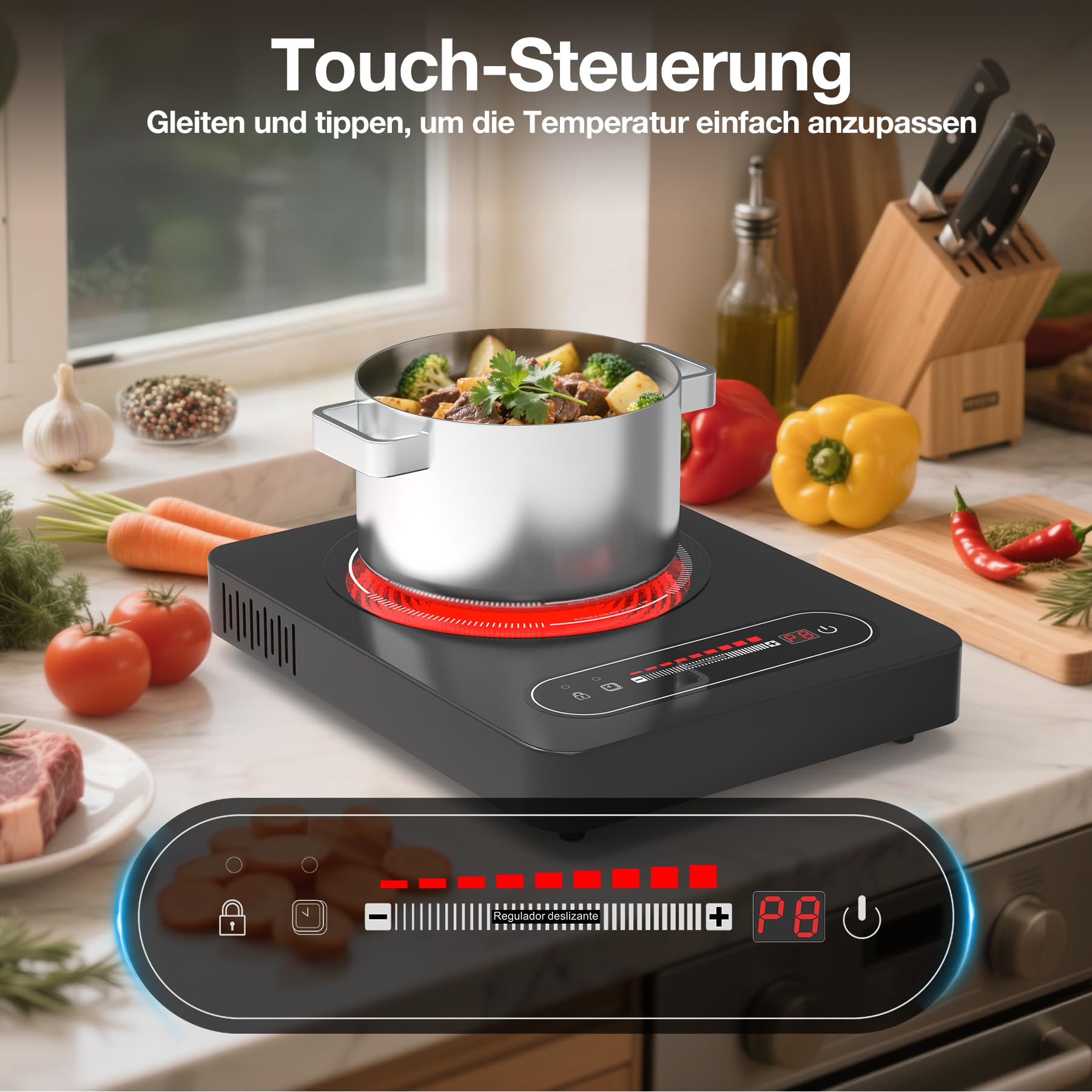 Glaskeramikkochfeld 1 Platte, 2000W Elektrische Einzelkochplatte 36 cm 220-240V mit Touch-Schieberegler, Kindersicherung & Timer - Tragbares Infrarotkochfeld für Wohnmobil, Zimmer, Singleküche