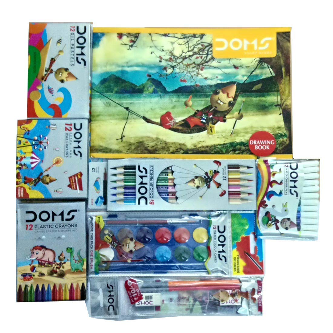 Doms Drawing Book + 12 Shade Water Colour Cakes + 12 Bicolour Pencils + 12 Oil Pastels + 12 Extra Long Wax Crayons + 12 Plastic Crayons + Pencil Kit, Multicolor Doms Drawing Book + 12 Shade Water Colour Cakes + 12 Bicolour Pencils + 12 Oil Pastels + 12 Extra Long Wax Crayons + 12 Plastic Crayons + Pencil Kit, Multicolor