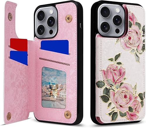 Miniatura 313 de UEEBAI Funda tipo cartera para iPhone 15 Pro Max con tarjetero, cubierta de cuero PU con soporte, bloqueo RFID, doble cierre magnético, relieve de