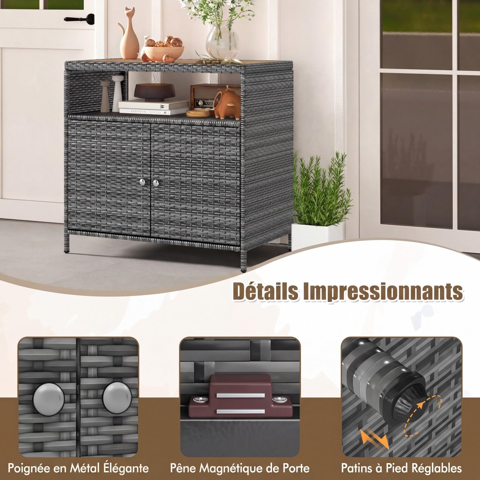 LIFEZEAL Buffet 4 Niveaux Rotin PE Armoire Bois d'Acacia Rangement Extérieur Intérieur 2 Portes 90x53x86 cm Gris
