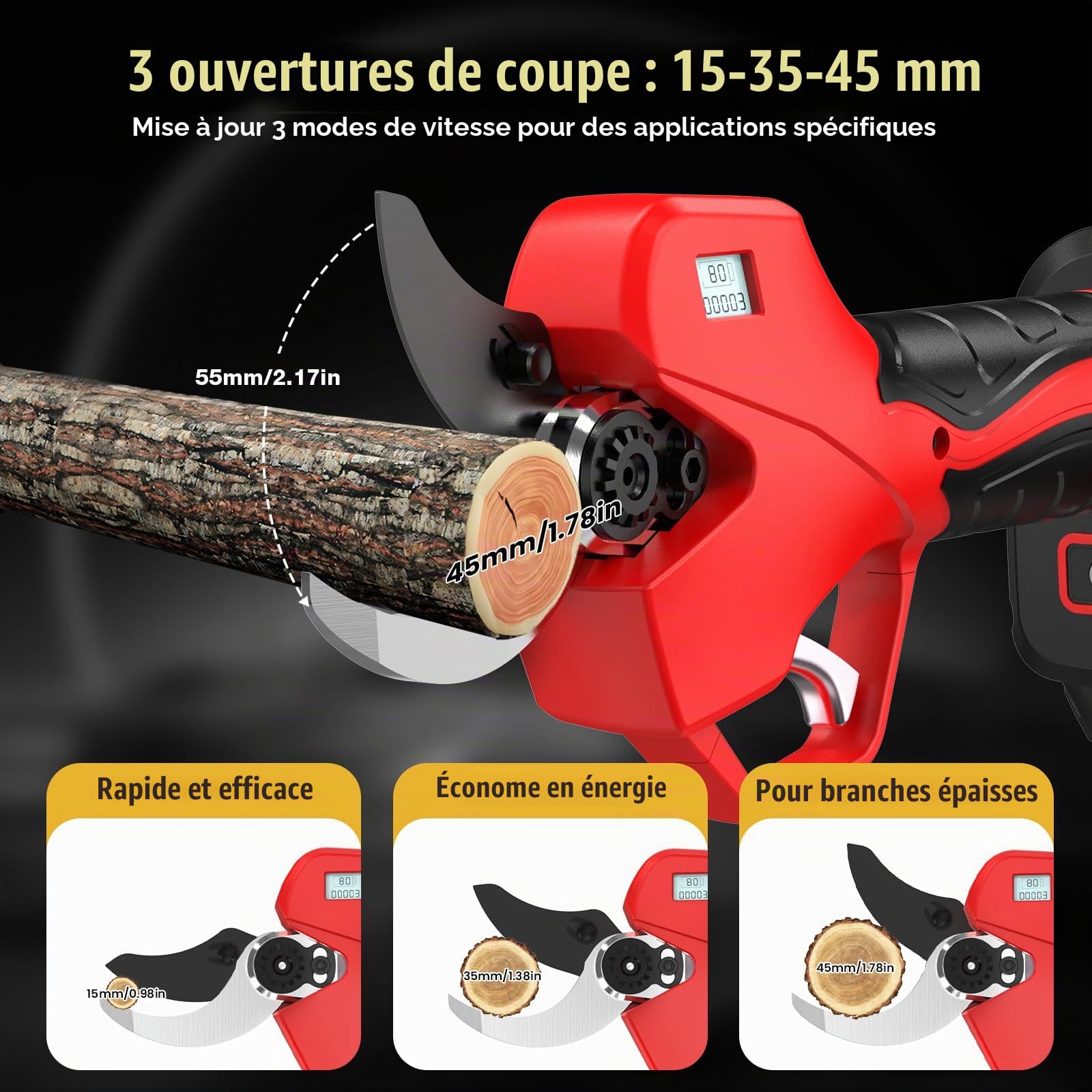 Marketo Sécateur électrique avec perche 2 M(6.56ft), Portée Totale 4 M, avec 800 w Moteur sans balais & Écran,45 MM Secateur electrique sans fil avec 2 x 2.0Ah Batteries pour les branches et le jardin