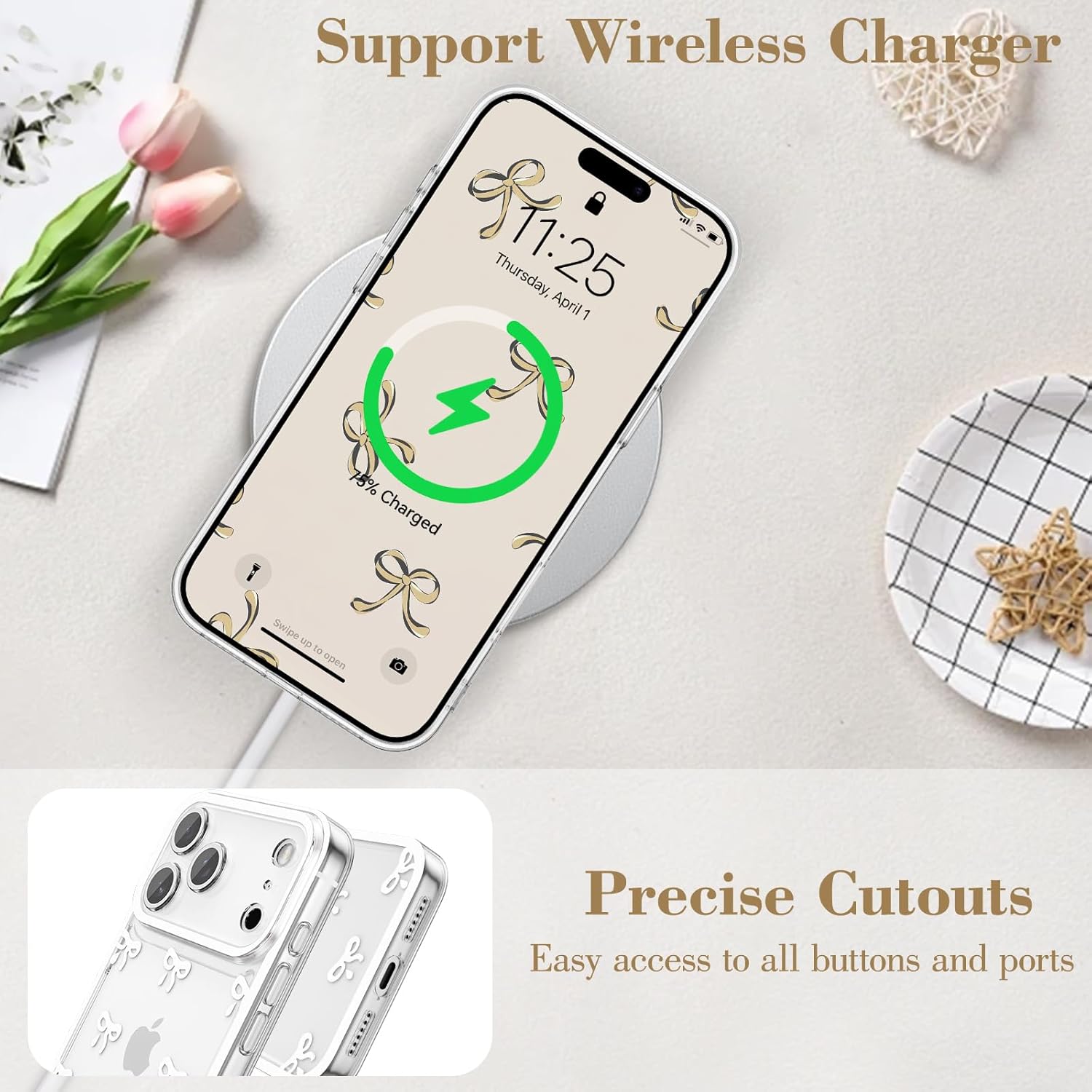 EYZUTAK Case for iPhone 17 Pro Max, Clear Cute Ribbon Bowknot Aesthetic Phone Case with Charm Bracelet Chain Raised Camera Protection Stylish Soft Durable TPU Protective Cover for Women Girls - White - Image 9