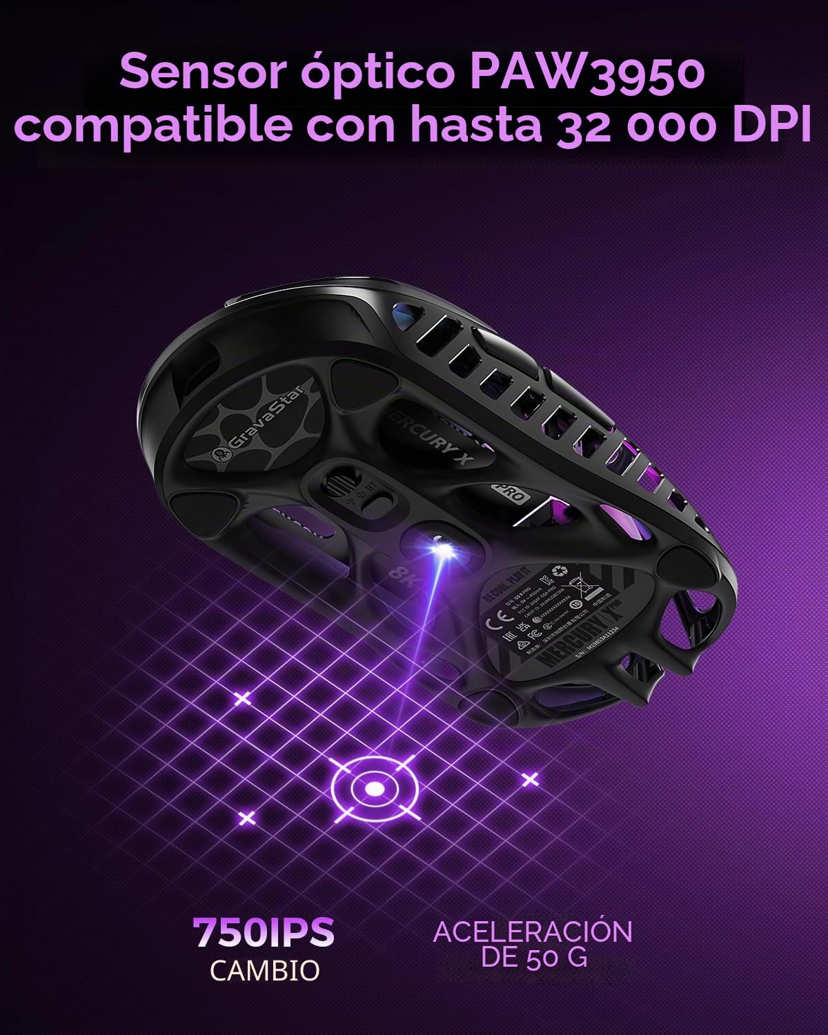 GravaStar Mercury X Pro - Ratón inalámbrico para Juegos, Viene con dongle 8K, Sensor Paw 3950 de 32.000 dpi, tasa de sondeo de 8.000 Hz, Solo 49 g, (Admite 8k, Gris)
