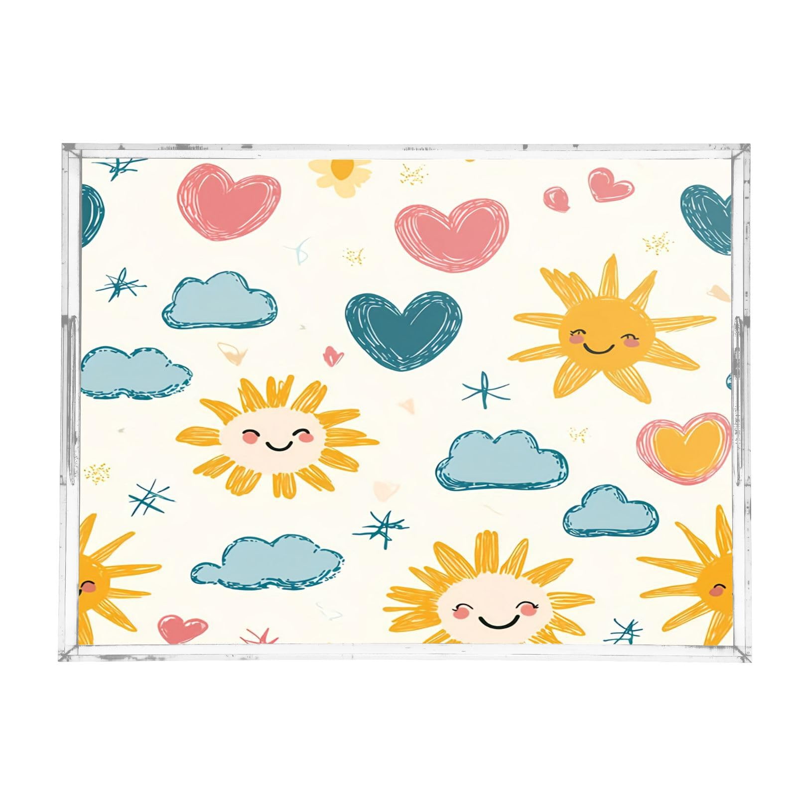 BOESI Doodle Sun and Heart Acrylic Decorative Dining Tray, Acrylic Decorative Tray Organizer with Handle for Kitchen, Dining Room, Bathroom, Dresser