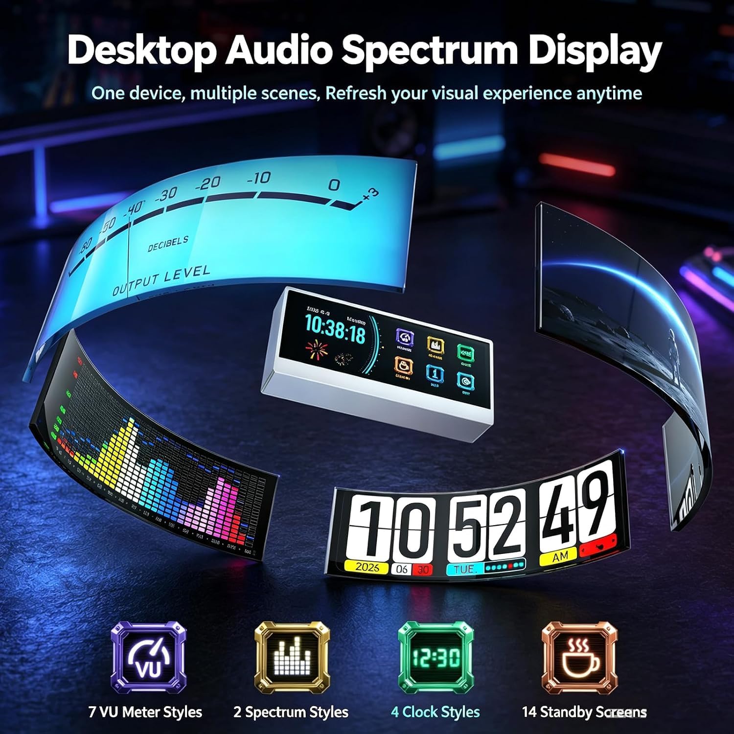 Lampada ritmica Spectrum con orologio, 7 effetti visivi, luminosità regolabile, ideale per studio Hi-Fi, gaming e decorazione desktop. VU meter da scrivania.