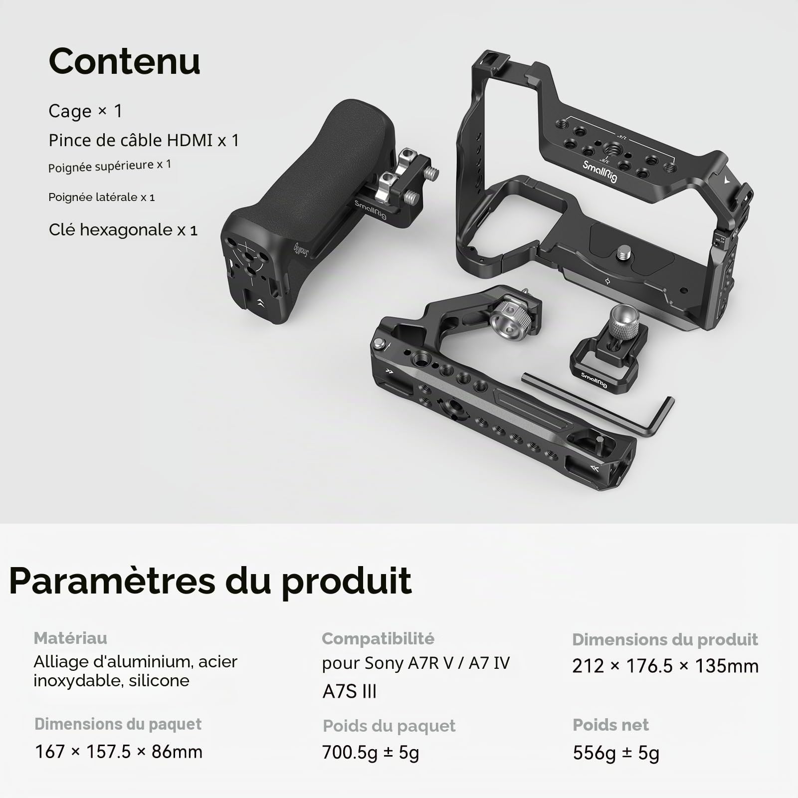 SMALLRIG HawkLock Cage à Dégagement Rapide pour Sony Alpha 7 V/7R V/7 IV/7S III/1/7R IV, Poignée Supérieure et Latérale, Serre-Câble - 3669D