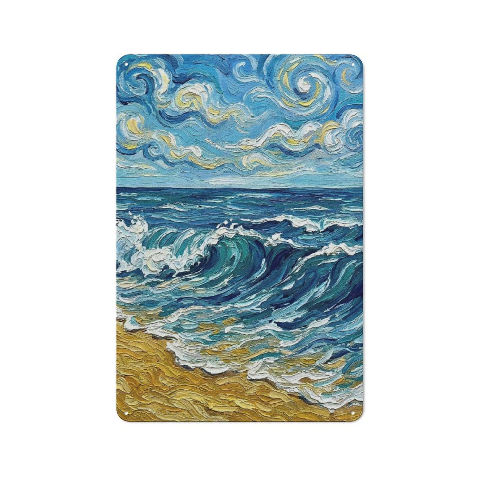 Junmoney Style-7 Tin Wall Sign With Impressionistic Seascape With Waves And Sky Design 30X20cm, Cosy Cafe Wall Decor For Kitchen, Cafe, Pantry Or Dining Room